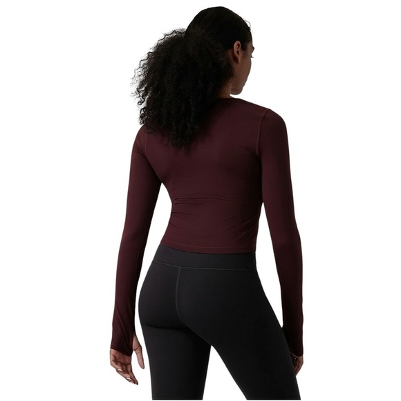 ATHLETA Shanti Long Sleeve Scoop Neck Crop Top in Antique Burgundy - Picture 2 of 10